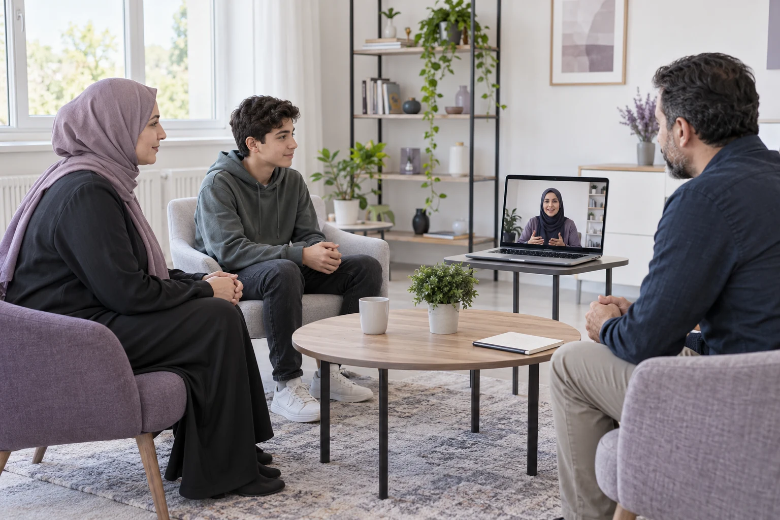 Anne, baba ve ergenin ekrandaki kadın uzmanla görüntülü aile görüşmesi